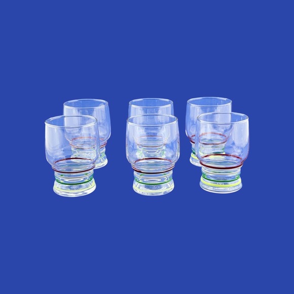 Libbey Other - Libbey Juice Glasses (6) Vintage Stripe Colored Rings Maroon Gray Green Yellow